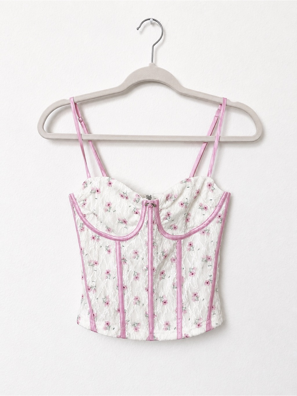 White Floral Lace Corset Crop Top with Pink Trim